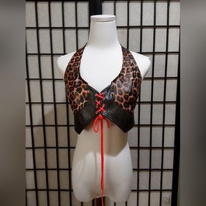 I.AM.GIA Amira Top Patchwork Leopard Print Faux Leather Bralette Coachella Sz S